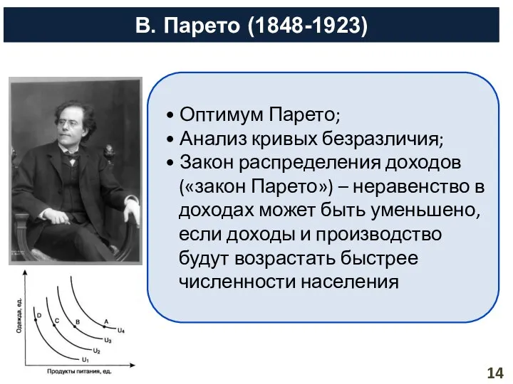 В. Парето (1848-1923) • Оптимум Парето; • Анализ кривых безразличия; •