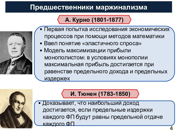 Предшественники маржинализма А. Курно (1801-1877) • Первая попытка исследования экономических процессов