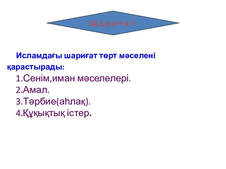 Исламдағы шариғат төрт мәселені қарастырады: 1.Сенім,иман мәселелері. 2.Амал. 3.Тәрбие(аһлақ). 4.Құқықтық істер.