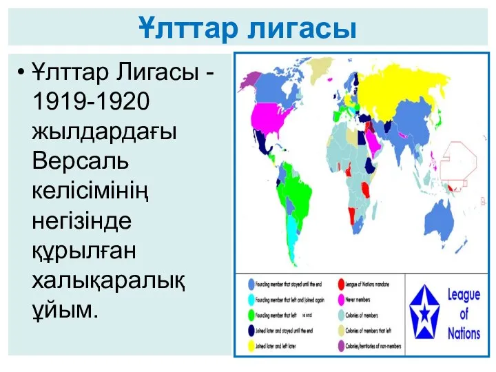 Ұлттар лигасы Ұлттар Лигасы - 1919-1920 жылдардағы Версаль келісімінің негізінде құрылған халықаралық ұйым.