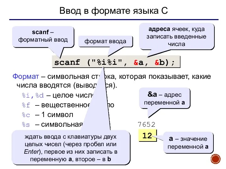 Ввод в формате языка С scanf ("%i%i", &a, &b); формат ввода