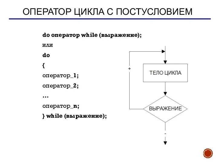 ОПЕРАТОР ЦИКЛА С ПОСТУСЛОВИЕМ do оператор while (выражение); или do {