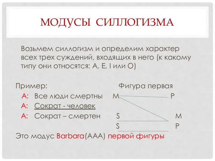 МОДУСЫ СИЛЛОГИЗМА Возьмем силлогизм и определим характер всех трех суждений, входящих