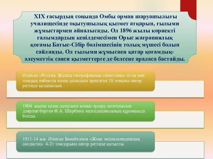 XIX ғасырдың соңында Омбы орман шаруашылығы училищесінде оқытушылық қызмет атқарып, ғылыми