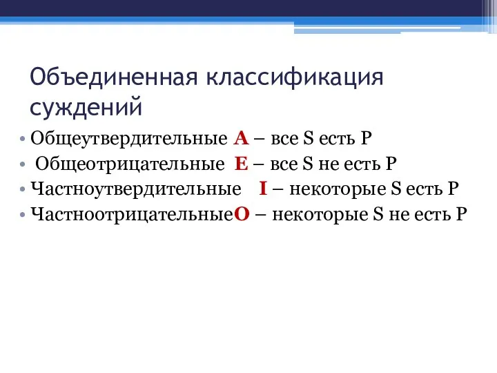 Объединенная классификация суждений Общеутвердительные А – все S есть P Общеотрицательные