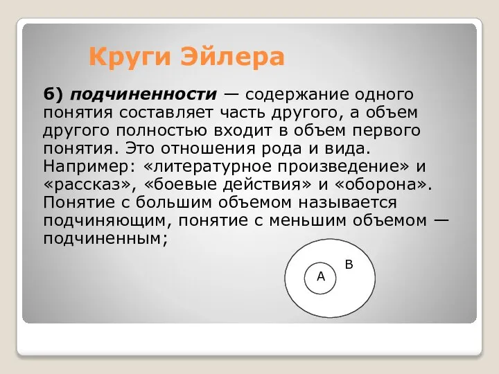 Круги Эйлера б) подчиненности — содержание одного понятия составляет часть другого,