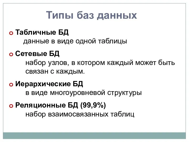 Типы баз данных Табличные БД данные в виде одной таблицы Сетевые