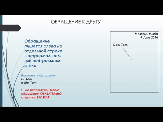 ОБРАЩЕНИЕ К ДРУГУ Обращение пишется слева на отдельной строке в неформальном