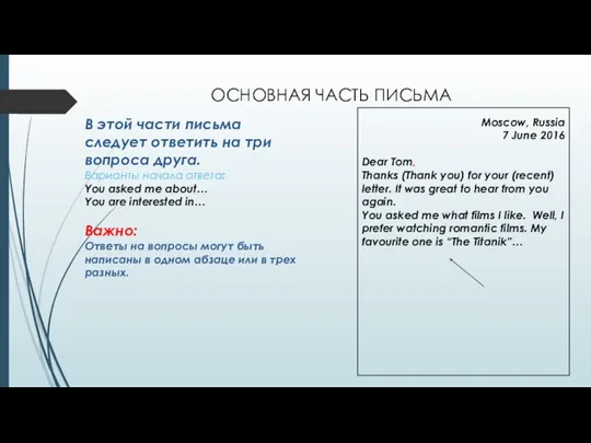 ОСНОВНАЯ ЧАСТЬ ПИСЬМА В этой части письма следует ответить на три