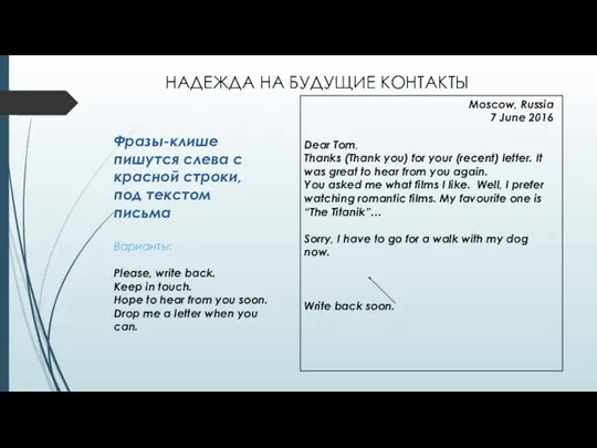 НАДЕЖДА НА БУДУЩИЕ КОНТАКТЫ Фразы-клише пишутся слева с красной строки, под