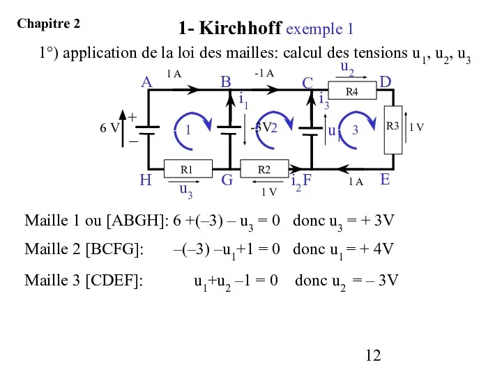 1°) application de la loi des mailles: calcul des tensions u1, u2, u3