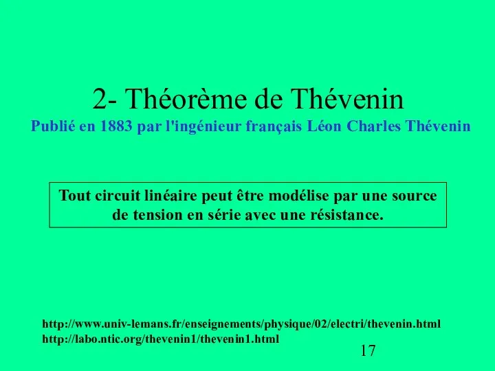 2- Théorème de Thévenin Publié en 1883 par l'ingénieur français Léon