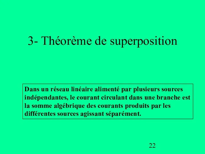 3- Théorème de superposition Dans un réseau linéaire alimenté par plusieurs