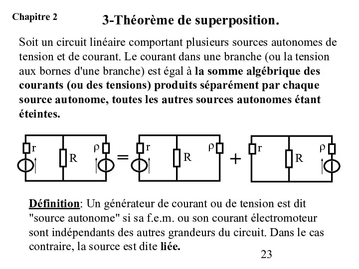 Soit un circuit linéaire comportant plusieurs sources autonomes de tension et