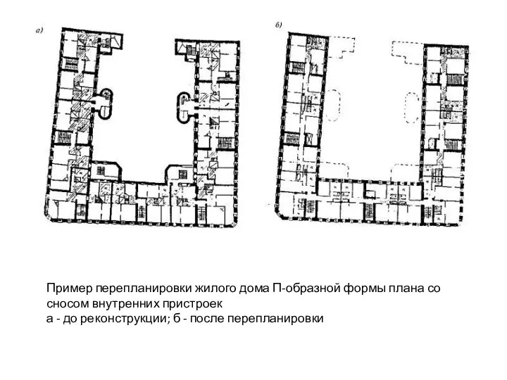 Пример перепланировки жилого дома П-образной формы плана со сносом внутренних пристроек