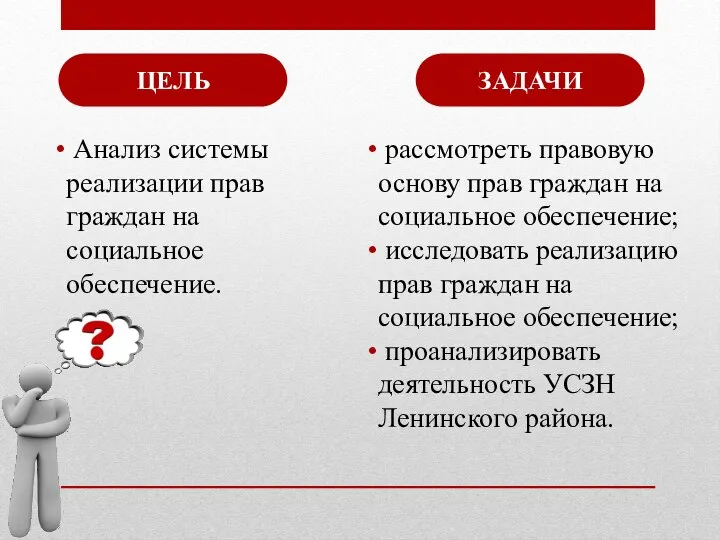 ЦЕЛЬ ЗАДАЧИ Анализ системы реализации прав граждан на социальное обеспечение. рассмотреть