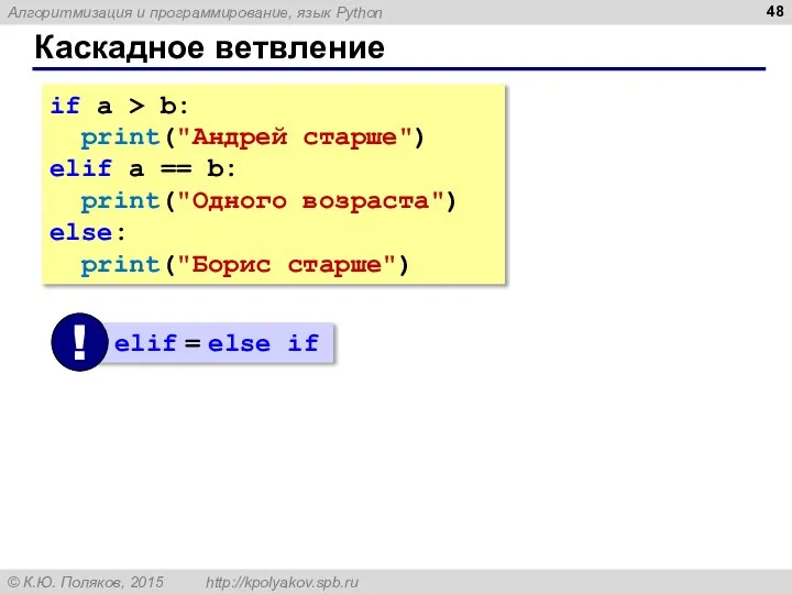 Каскадное ветвление if a > b: print("Андрей старше") elif a ==