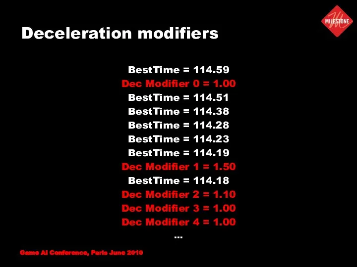 Deceleration modifiers BestTime = 114.59 Dec Modifier 0 = 1.00 BestTime