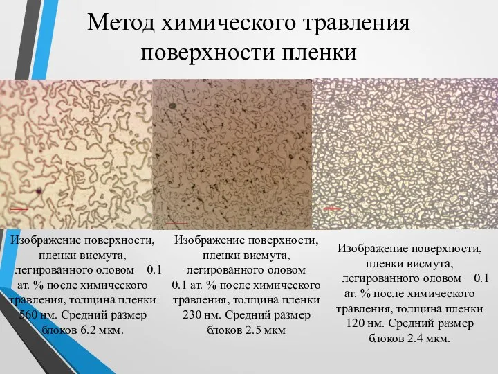 Метод химического травления поверхности пленки Изображение поверхности, пленки висмута, легированного оловом