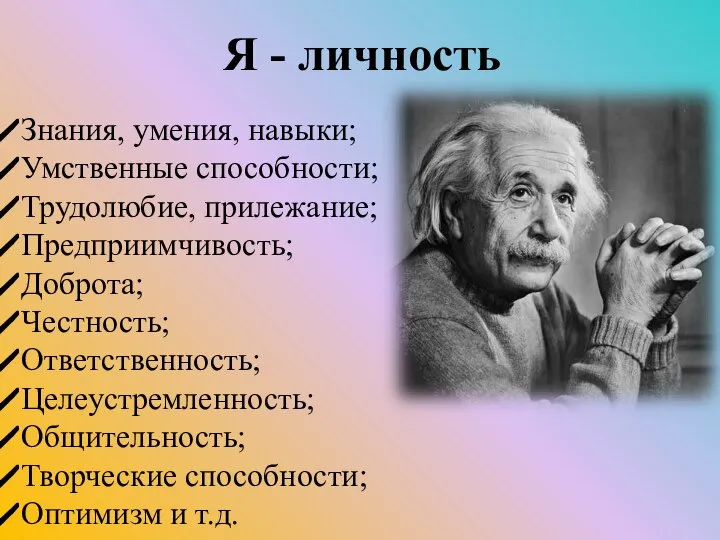 Знания, умения, навыки; Умственные способности; Трудолюбие, прилежание; Предприимчивость; Доброта; Честность; Ответственность;