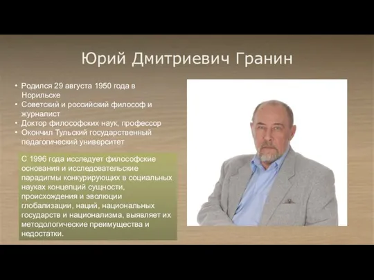 Юрий Дмитриевич Гранин С 1996 года исследует философские основания и исследовательские