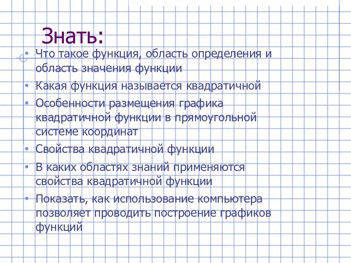 Знать: Что такое функция, область определения и область значения функции Какая