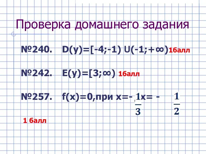 Проверка домашнего задания №240. D(y)=[-4;-1) U(-1;+∞)1балл №242. Е(у)=[3;∞) 1балл №257. f(x)=0,при