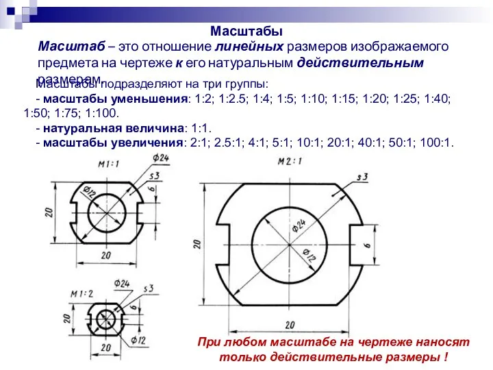 Масштаб – это отношение линейных размеров изображаемого предмета на чертеже к