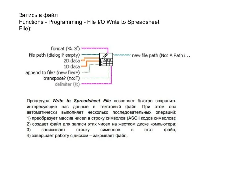 Запись в файл Functions - Programming - File I/O Write to Spreadsheet File);