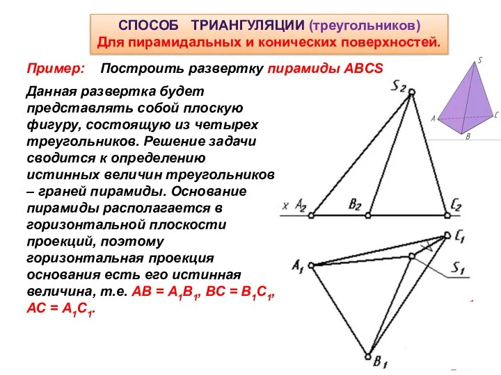 СПОСОБ ТРИАНГУЛЯЦИИ (треугольников) Для пирамидальных и конических поверхностей. Пример: Построить развертку