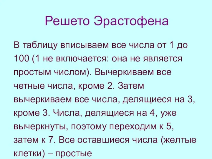 Решето Эрастофена В таблицу вписываем все числа от 1 до 100