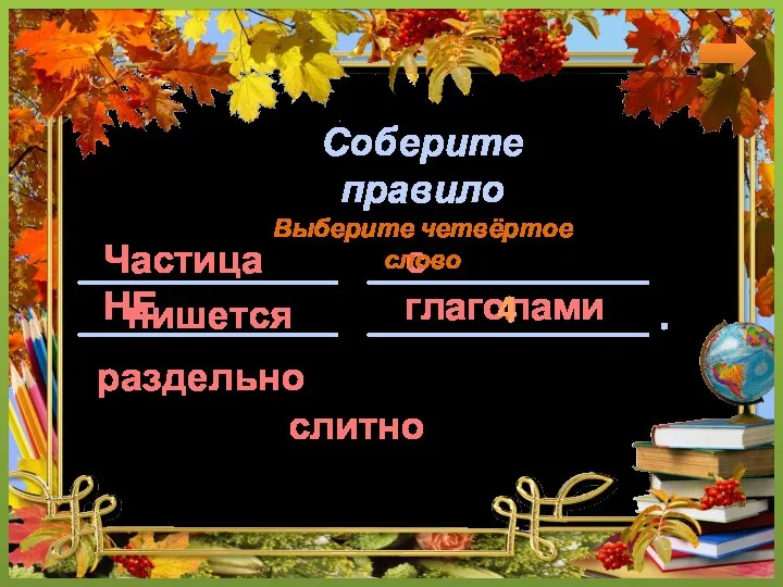 Частица НЕ с глаголами пишется раздельно Соберите правило ____________ _____________ ____________