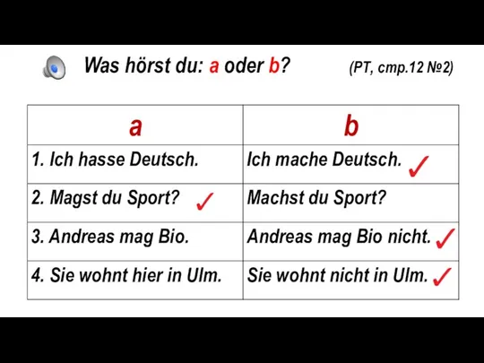 Was hörst du: a oder b? (РТ, стр.12 №2)