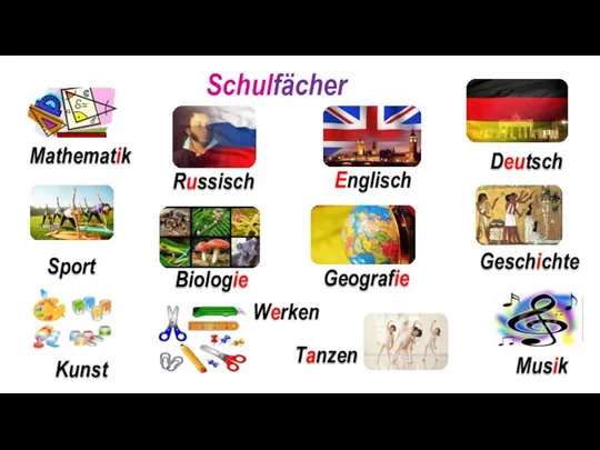 Schulfächer Mathematik Russisch Englisch Deutsch Sport Biologie Geografie Geschichte Kunst Werken Tanzen Musik