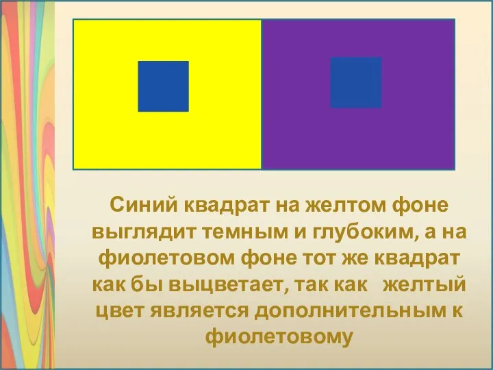 Синий квадрат на желтом фоне выглядит темным и глубоким, а на