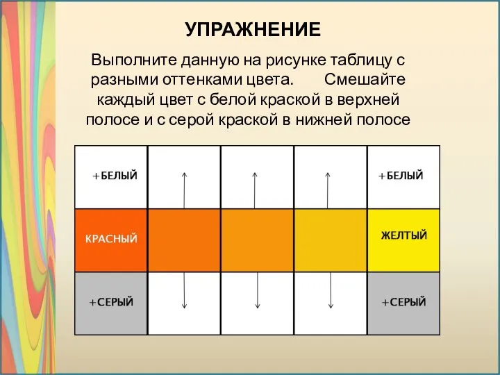 УПРАЖНЕНИЕ Выполните данную на рисунке таблицу с разными оттенками цвета. Смешайте