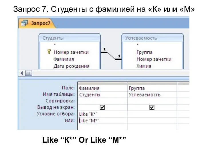 Запрос 7. Студенты с фамилией на «К» или «М» Like “К*” Or Like “М*”