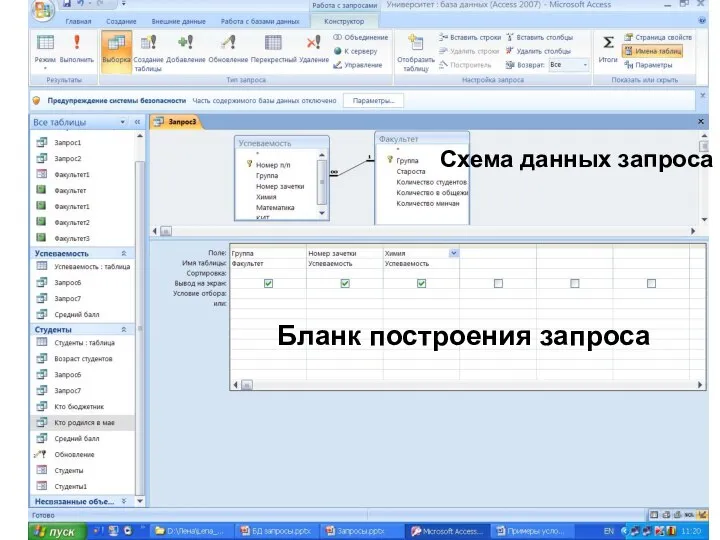 Бланк построения запроса Схема данных запроса