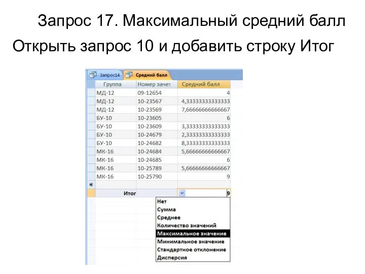 Запрос 17. Максимальный средний балл Открыть запрос 10 и добавить строку Итог