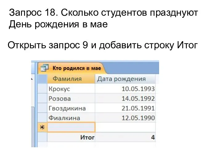 Запрос 18. Сколько студентов празднуют День рождения в мае Открыть запрос 9 и добавить строку Итог