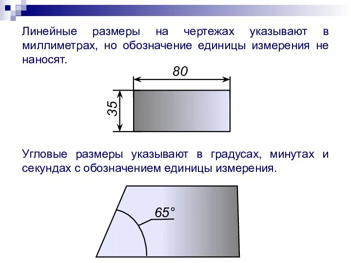 80 35 65° Линейные размеры на чертежах указывают в миллиметрах, но