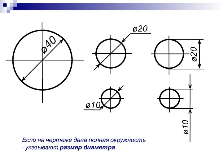 ø40 ø20 ø10 ø20 ø10 Если на чертеже дана полная окружность - указывают размер диаметра