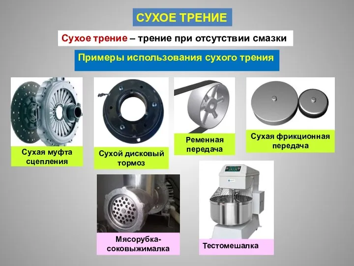 СУХОЕ ТРЕНИЕ Сухое трение – трение при отсутствии смазки Примеры использования сухого трения