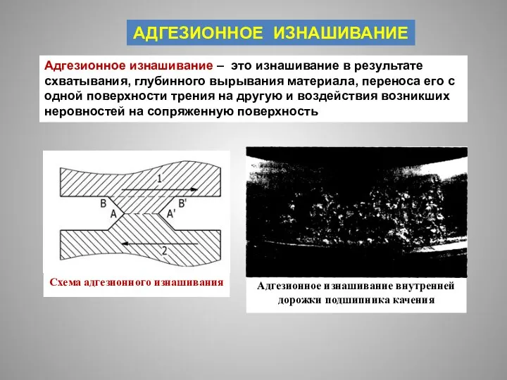 АДГЕЗИОННОЕ ИЗНАШИВАНИЕ Адгезионное изнашивание – это изнашивание в результате схватывания, глубинного