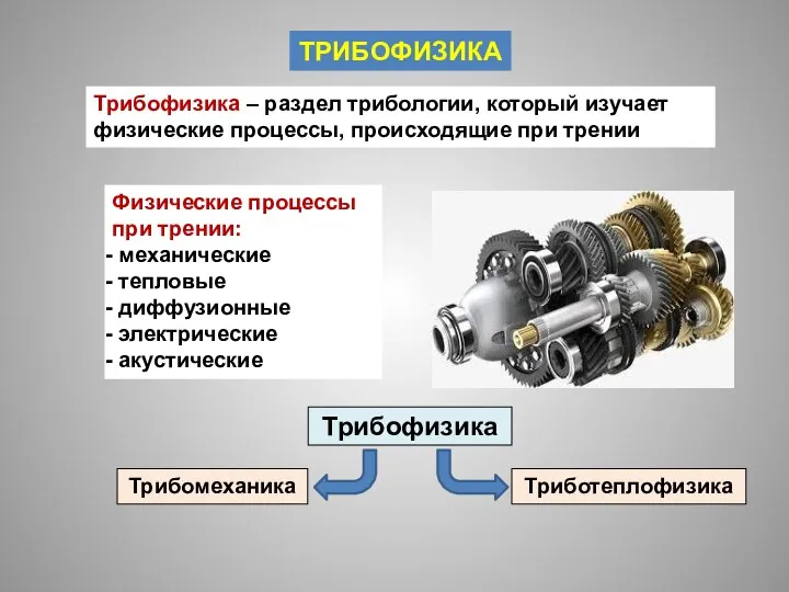 ТРИБОФИЗИКА Трибофизика – раздел трибологии, который изучает физические процессы, происходящие при