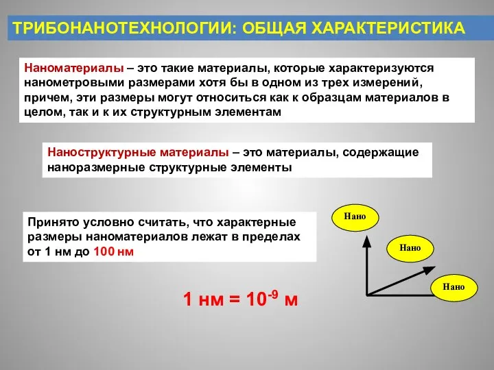 ТРИБОНАНОТЕХНОЛОГИИ: ОБЩАЯ ХАРАКТЕРИСТИКА Наноматериалы – это такие материалы, которые характеризуются нанометровыми