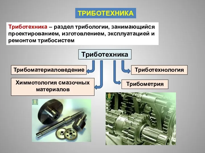 ТРИБОТЕХНИКА Триботехника – раздел трибологии, занимающийся проектированием, изготовлением, эксплуатацией и ремонтом трибосистем