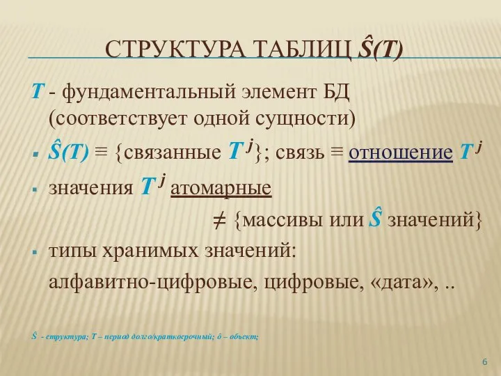 СТРУКТУРА ТАБЛИЦ Ŝ(Т) Т - фундаментальный элемент БД (соответствует одной сущности)