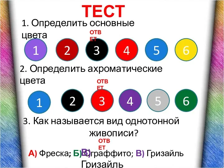 ТЕСТ 1. Определить основные цвета 1 2 3 4 5 6