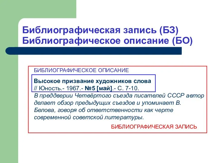 Библиографическая запись (БЗ) Библиографическое описание (БО) Высокое призвание художников слова //